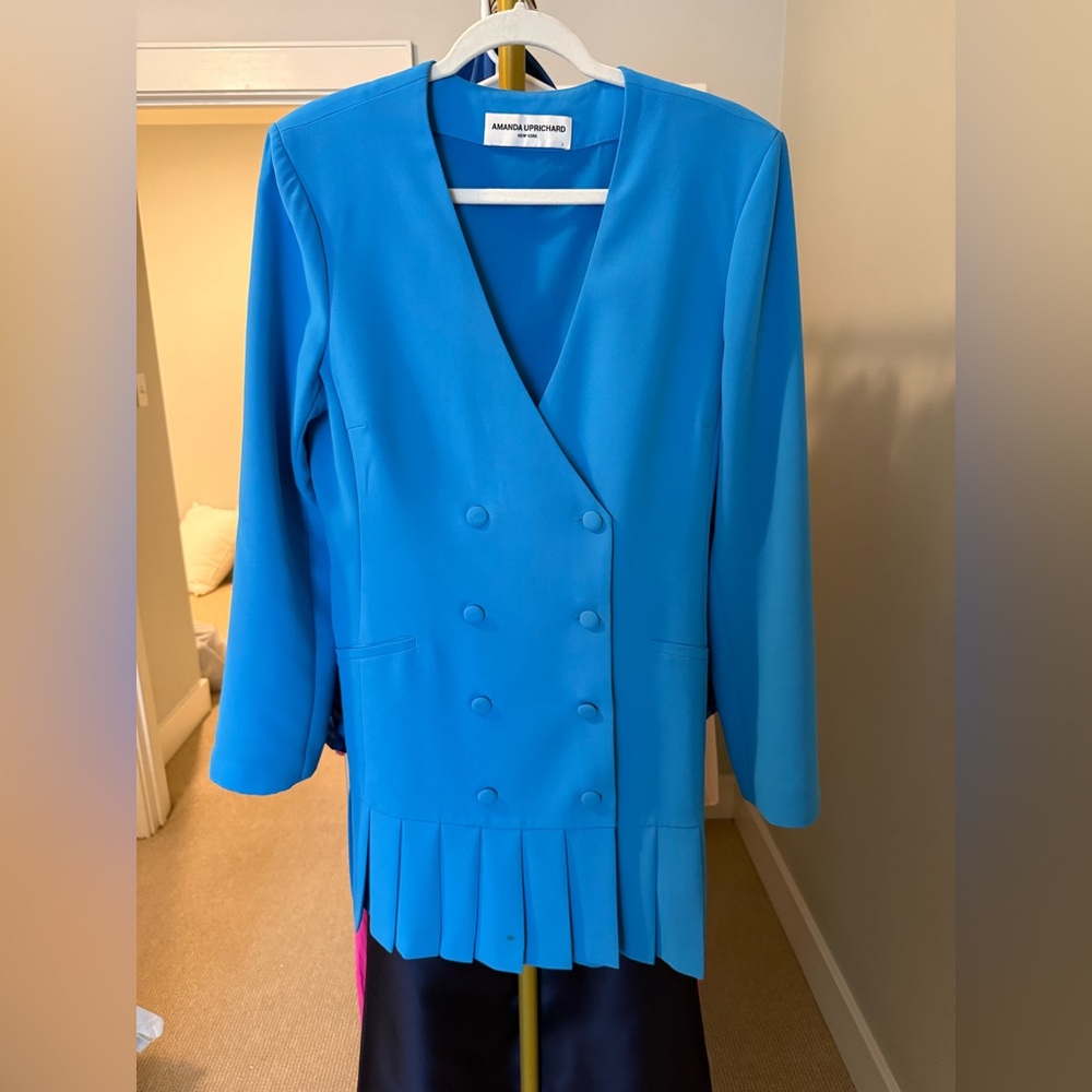 Amanda Uprichard Bright Blue Pleated Hem Double-Breasted Blazer Dress